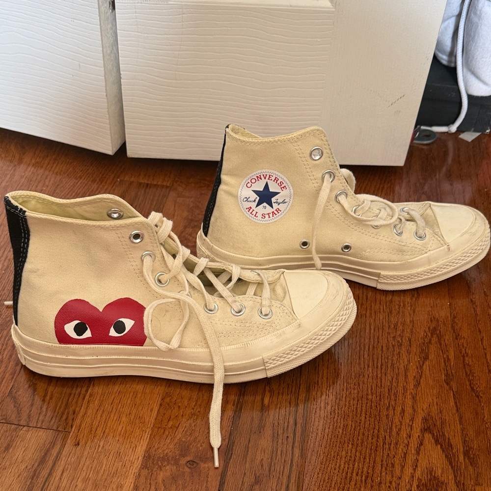 Comme des Garcons PLAY High-Top Sneakers - Cream with Red Heart